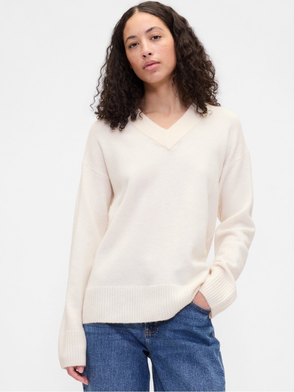NWT GAP Oversized Cozy V-Neck Sweater, Off-White, Size XL